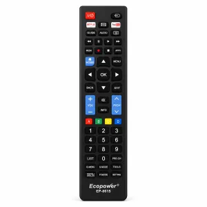 Control remoto negro para Smart TV Samsung LG y Sony con teclado numérico y botones de navegación
