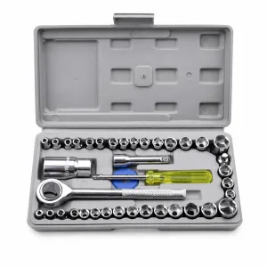 Juego de llaves tubo con crique, múltiples tubos, extensiones y accesorios en caja plástica