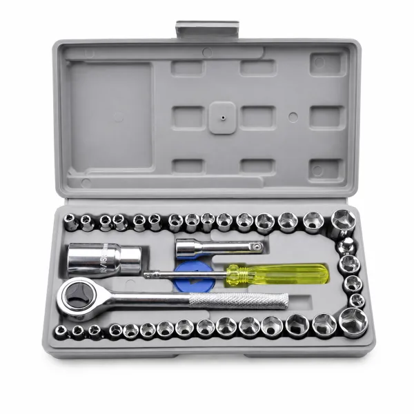 Juego de llaves tubo con crique, múltiples tubos, extensiones y accesorios en caja plástica
