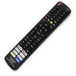 Control universal negro para TV Smart con teclado numérico, botones de navegación y accesos rápidos de streaming