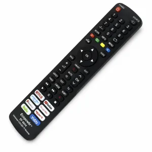 Control universal negro para TV Smart con teclado numérico, botones de navegación y accesos rápidos de streaming