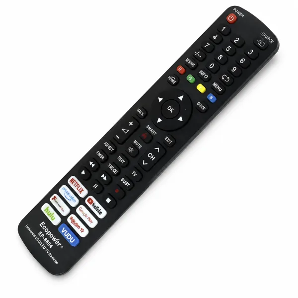 Control universal negro para TV Smart con teclado numérico, botones de navegación y accesos rápidos de streaming